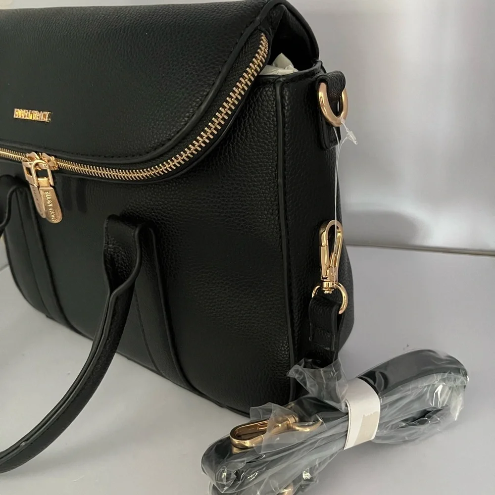 Ellen Tracy Black ISLA Pebble Grain Top Handle Satchel Crossbody Bag NWT