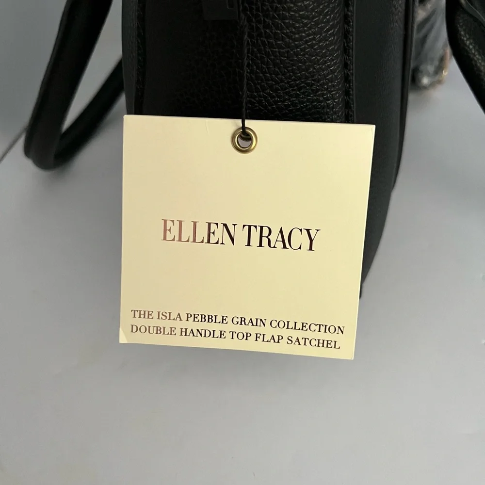 Ellen Tracy Black ISLA Pebble Grain Top Handle Satchel Crossbody Bag NWT