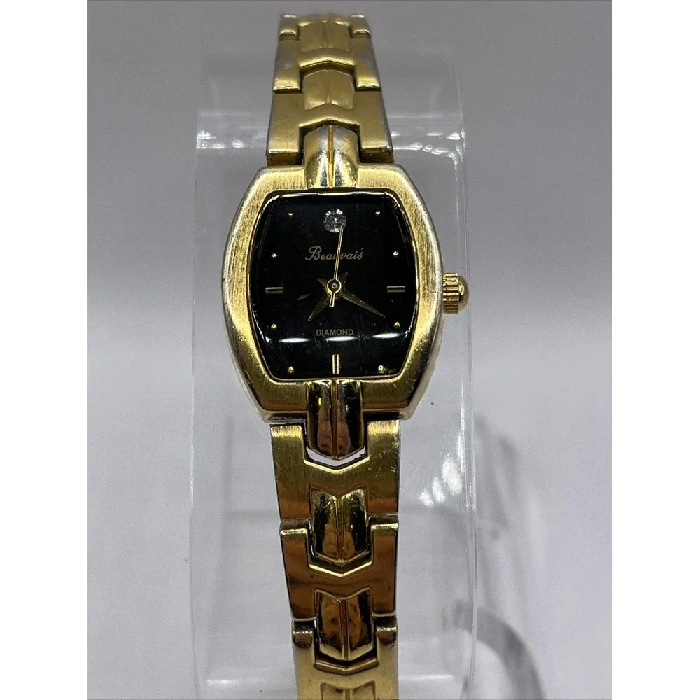 Beauvais‎ Diamond Women's Quartz Watch Gold Band Black Dial- New Battery