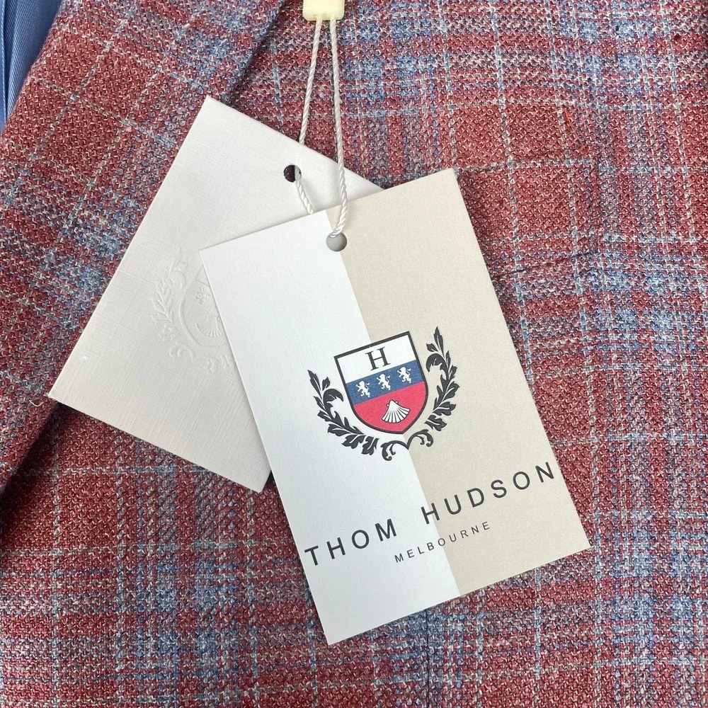 Thom Hudson Blazer Sport Coat Mens 42R Raspberry Plaid Wool Silk Notch Lapel
