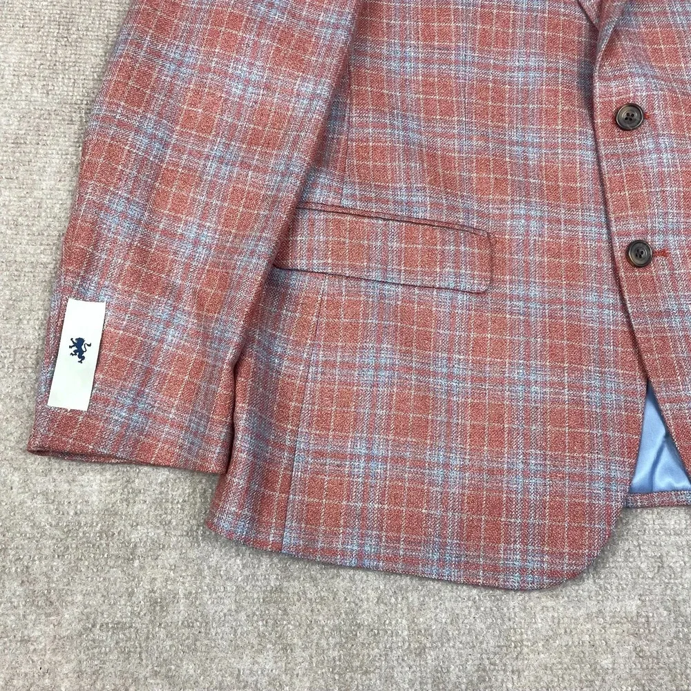 Thom Hudson Blazer Sport Coat Mens 42R Raspberry Plaid Wool Silk Notch Lapel
