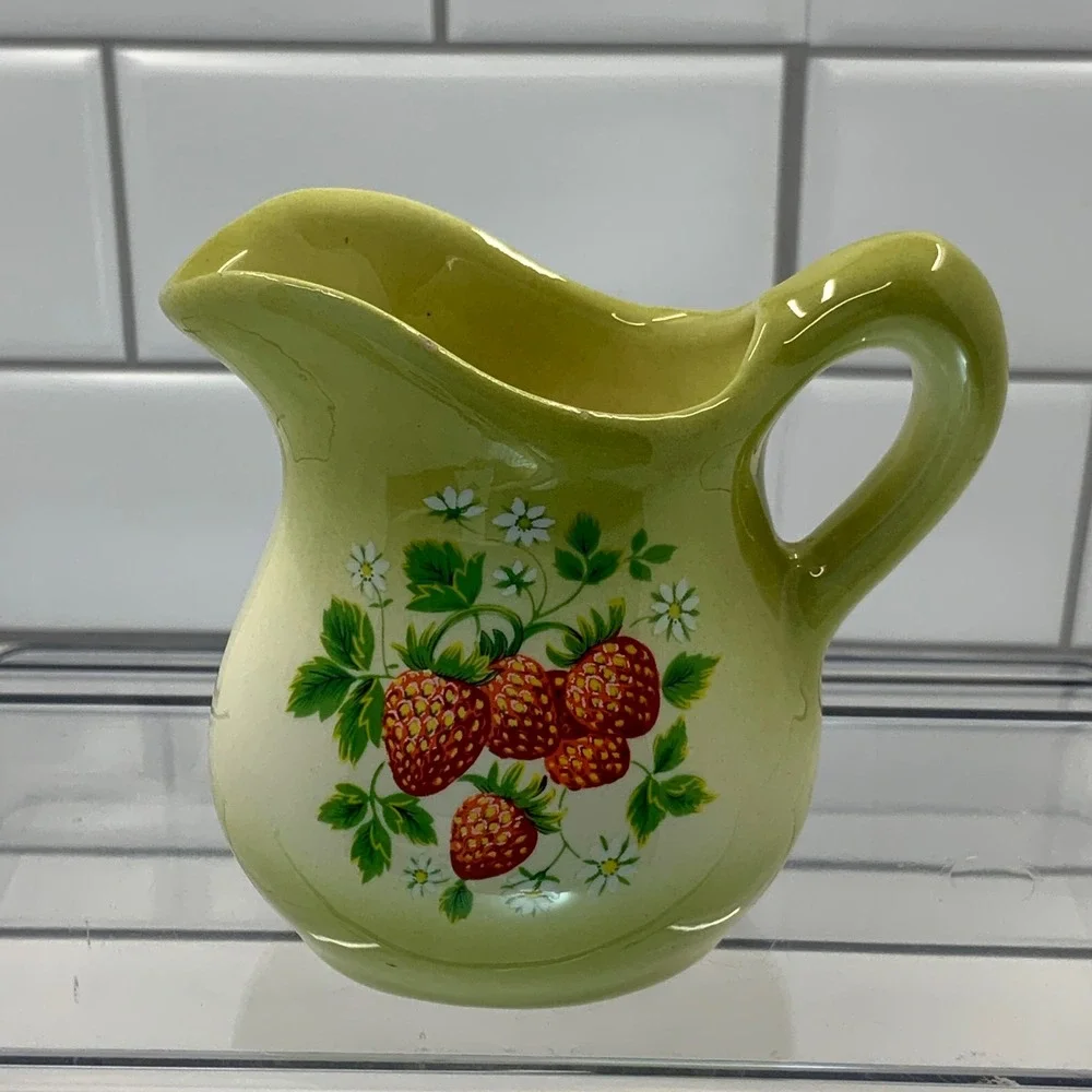 Vintage Ceramic Strawberry Blossom Creamer Pitcher Green 3.25in
