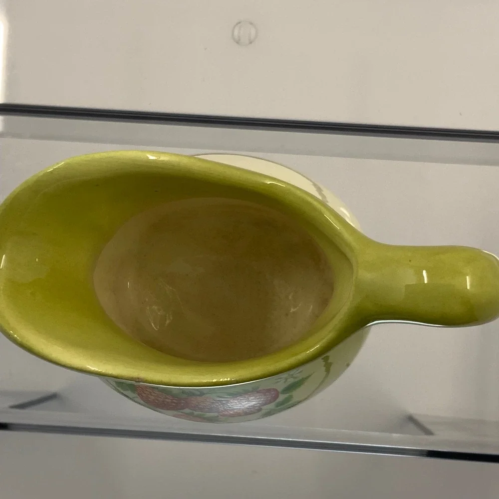 Vintage Ceramic Strawberry Blossom Creamer Pitcher Green 3.25in