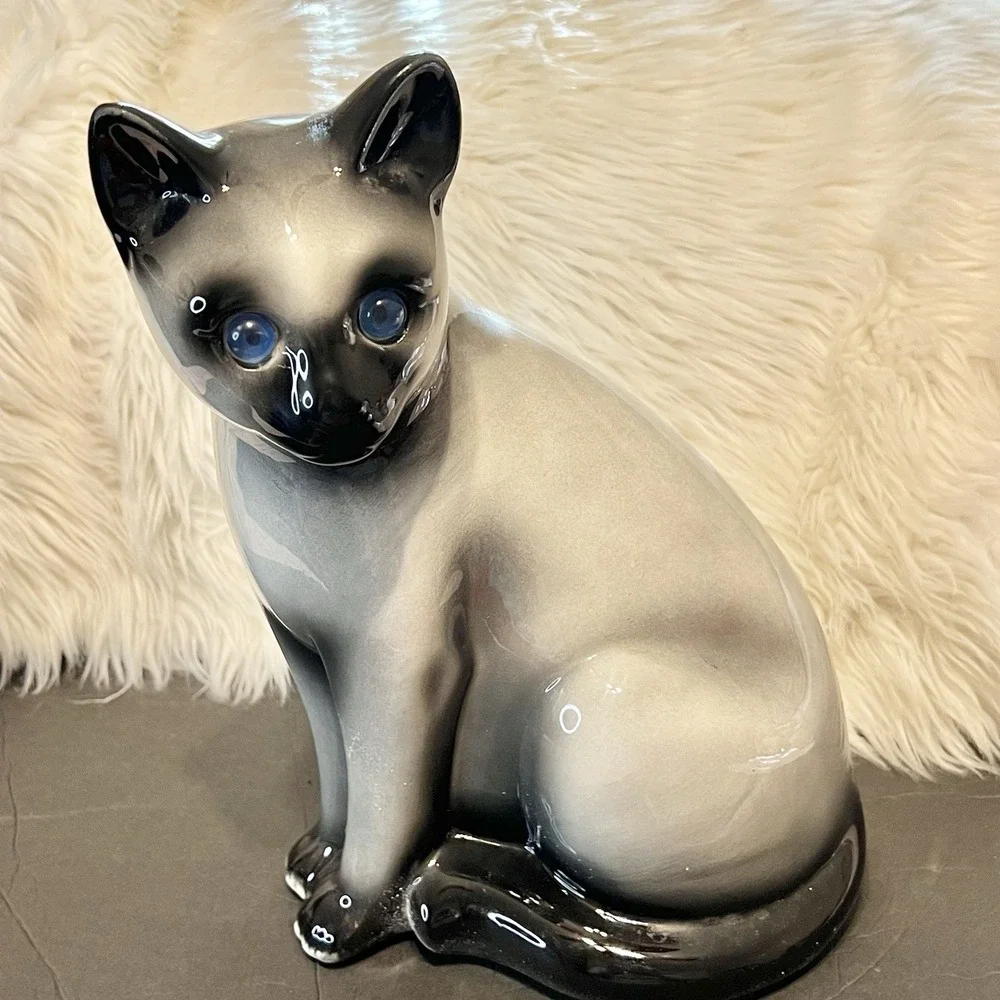 Vintage ELPA Alcobaca Portugal Gray Siamese Cat Ceramic Figurine‎ Blue Eye 11