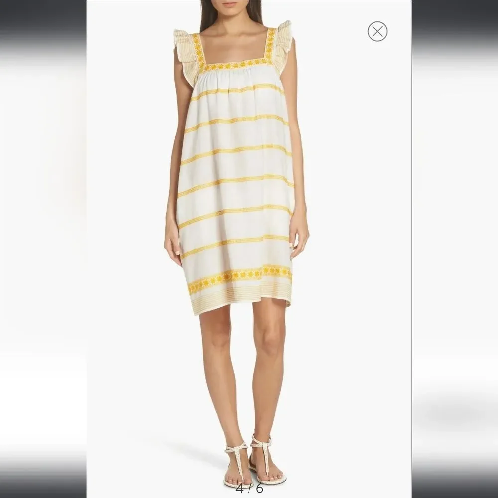 TORY BURCH Ruffle-Trimmed Embroidered Linen and Cotton-Blend Mini Dress Size‎ S