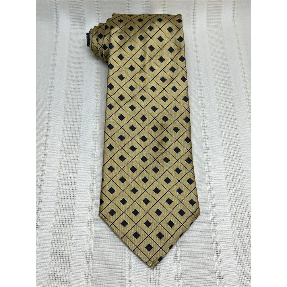 Tommy Hilfiger Men's Tie Gold Silk Black Geometric Check Diamond Vintage 90s Y2K