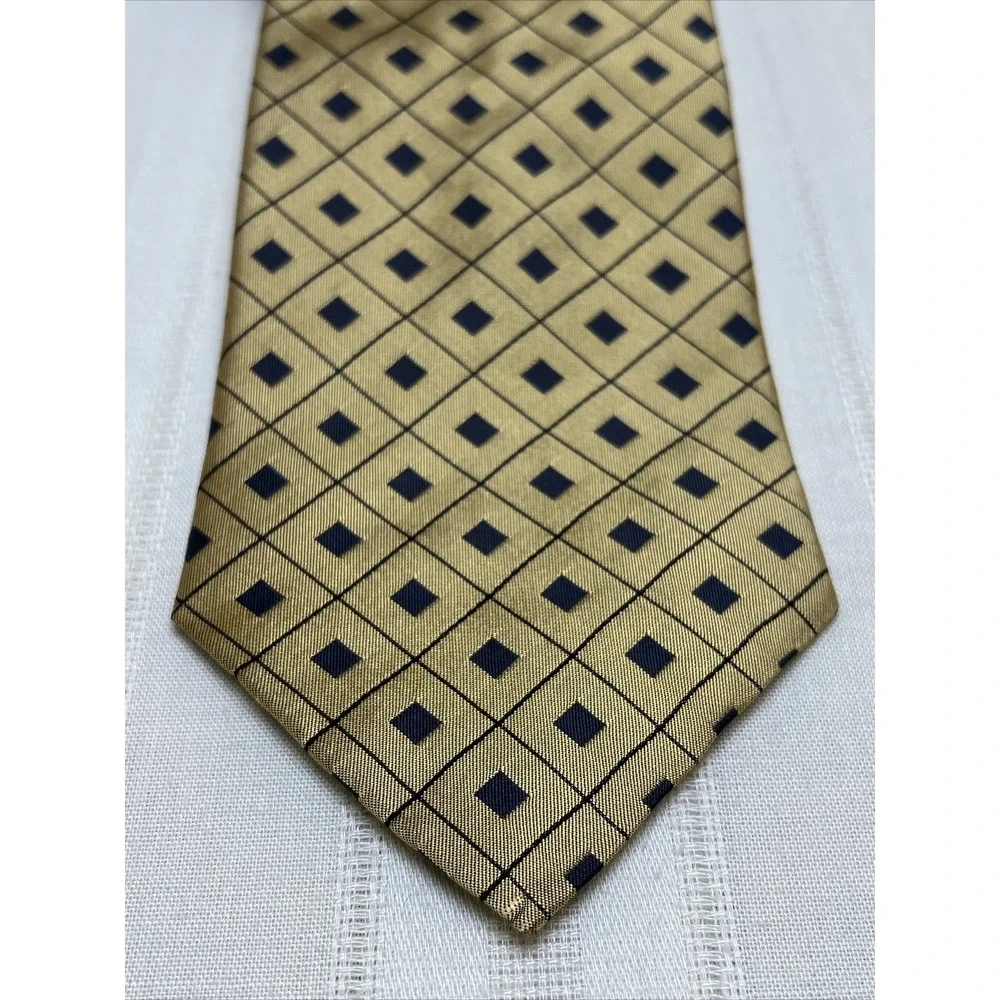 Tommy Hilfiger Men's Tie Gold Silk Black Geometric Check Diamond Vintage 90s Y2K