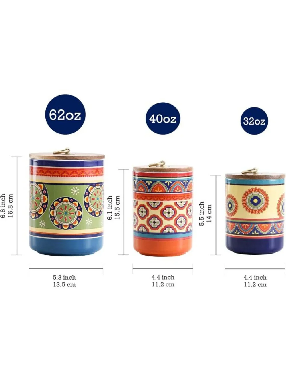 Tunisian Ceramic Canister Set of 3 with Wooden Airtight Lids - Food Storage Jars