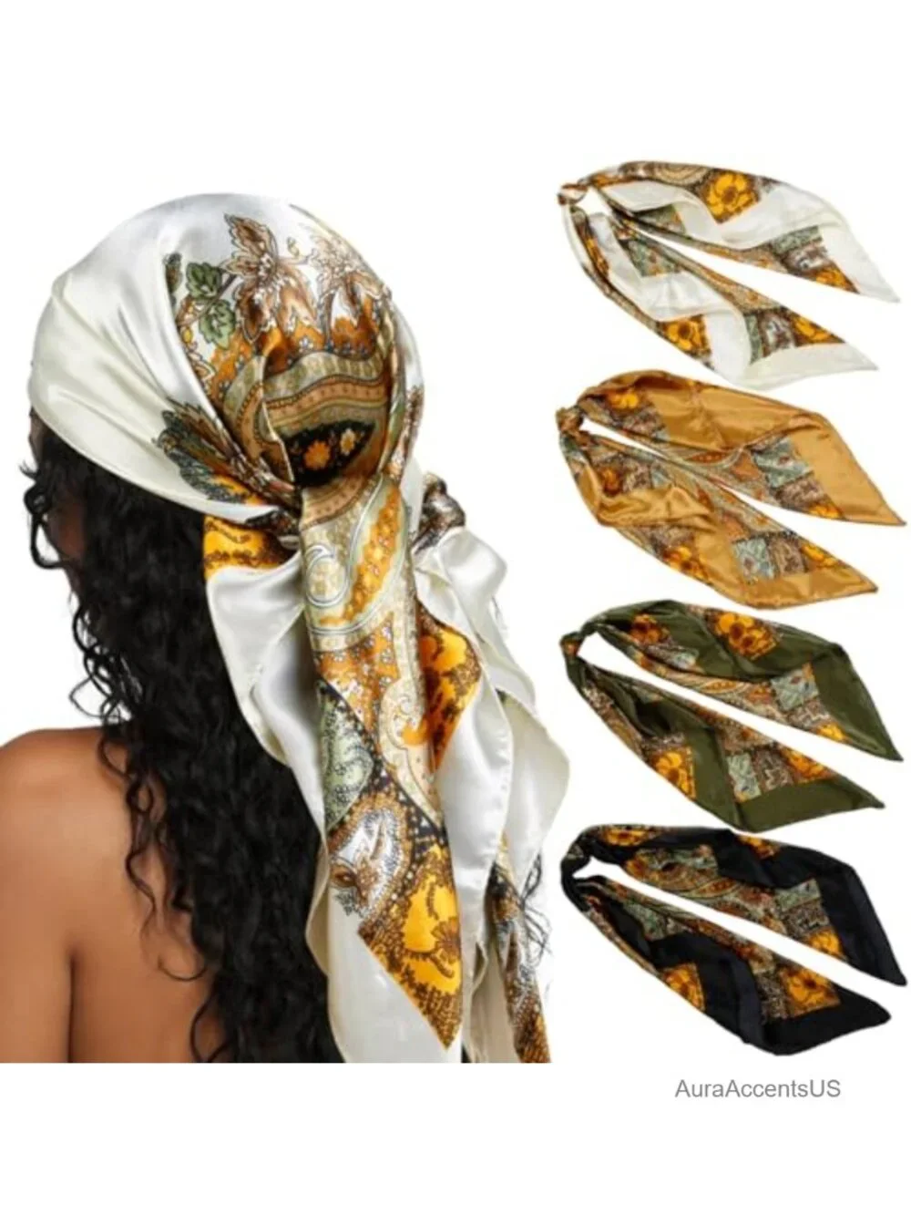 4 Pack Square Hair Scarves Silk-Like Bandanas 35 Inches