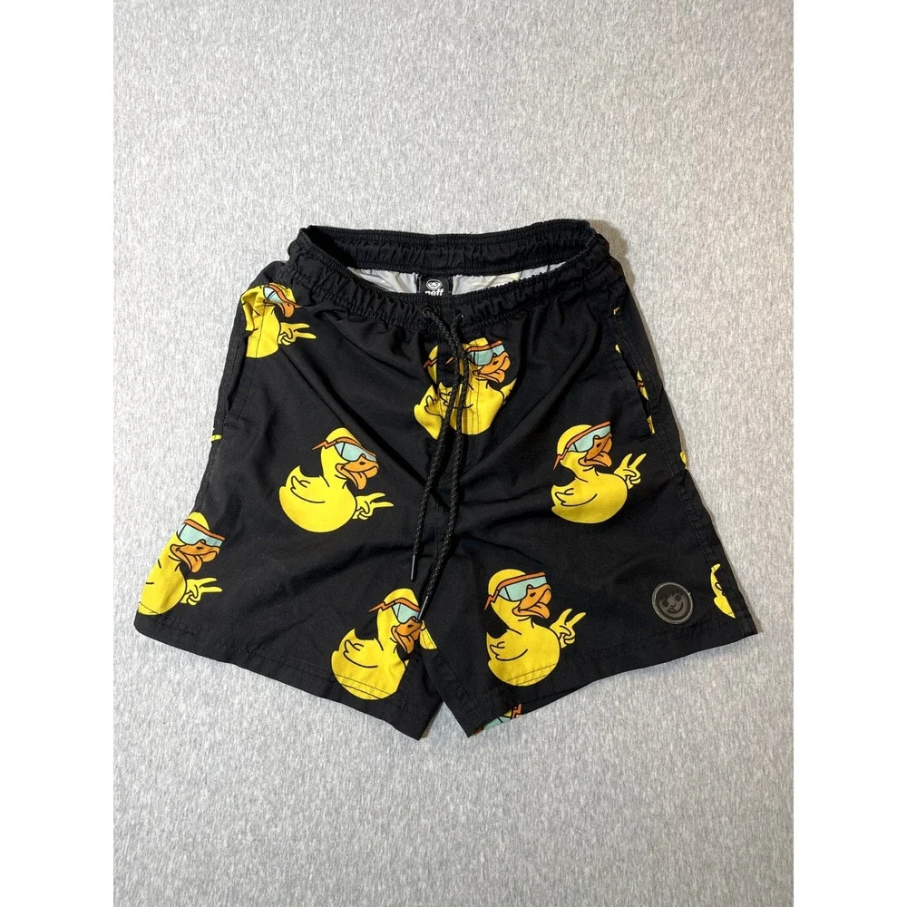Neff Swim Shorts Mens M Black Yellow Duck Peace Sign Graphic Boardshorts