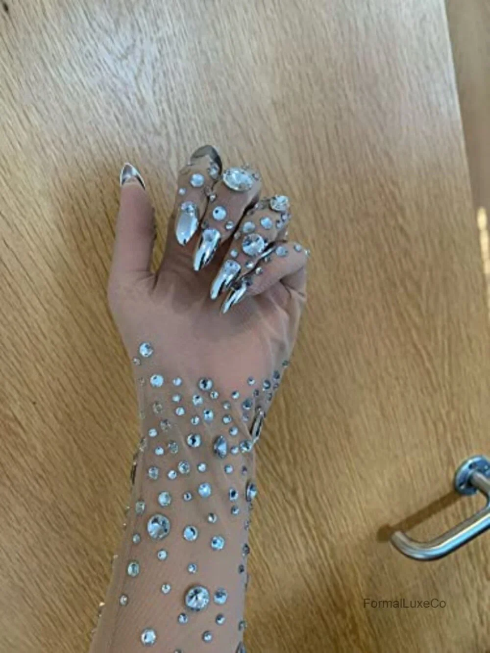 Rhinestone Sparkly Long Gloves - Mesh Sheer Elbow Length Opera Gloves with Nails
