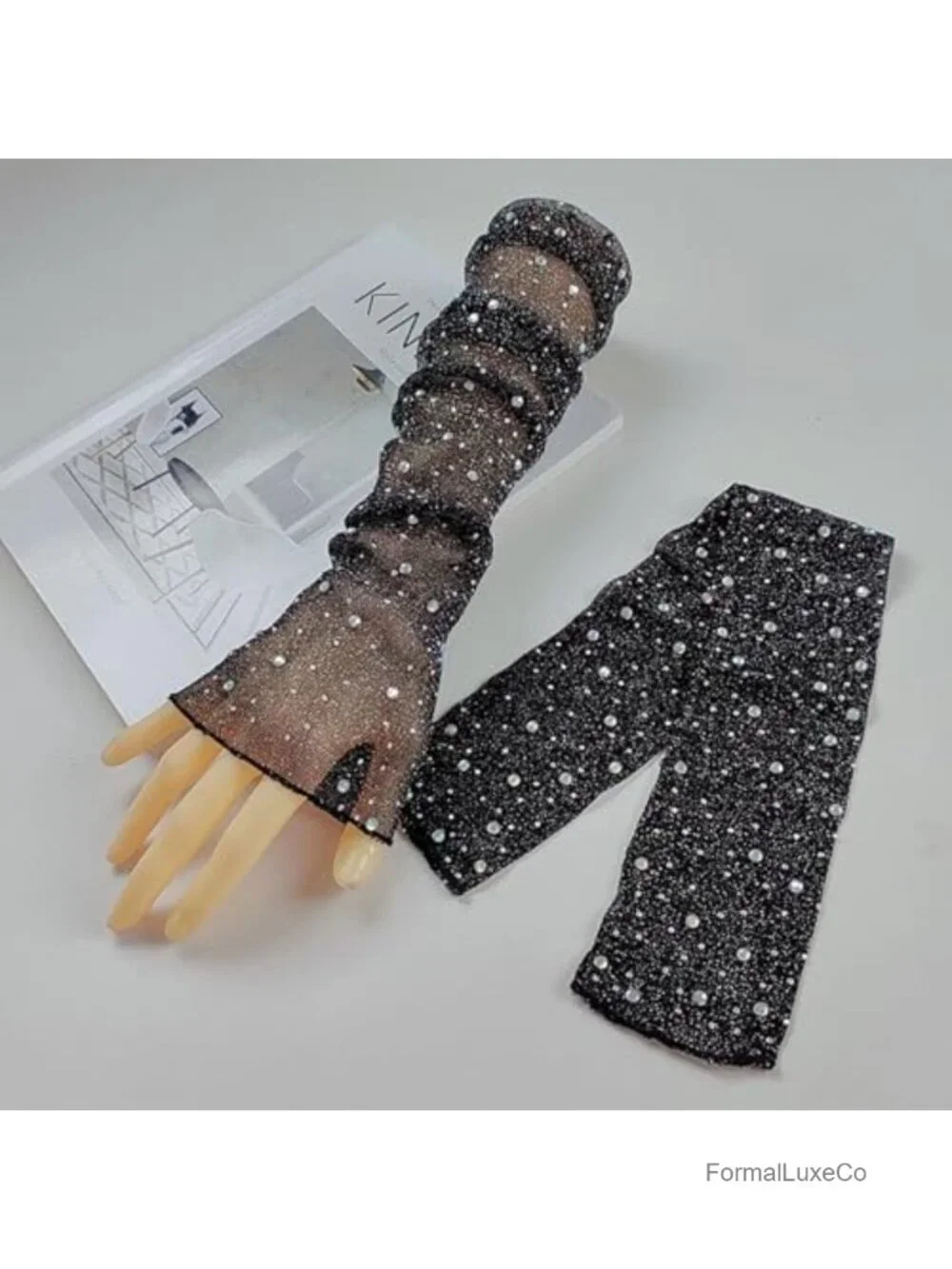 Fingerless Sheer Gloves Rhinestone Long Mesh Arm Sleeves Wedding