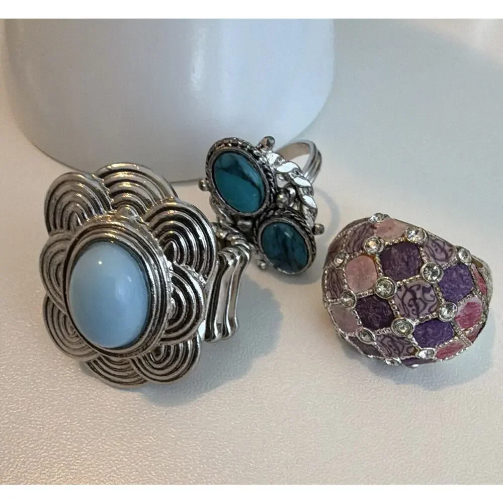 Lot of 3 Fashion Statement Rings Silver Tone Blue Pink Adjustable Mixed Styles