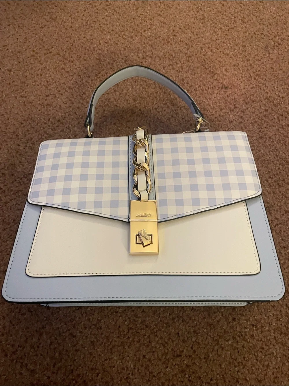 Aldo Pastel Blue & Cream Gingham Top Handle Satchel