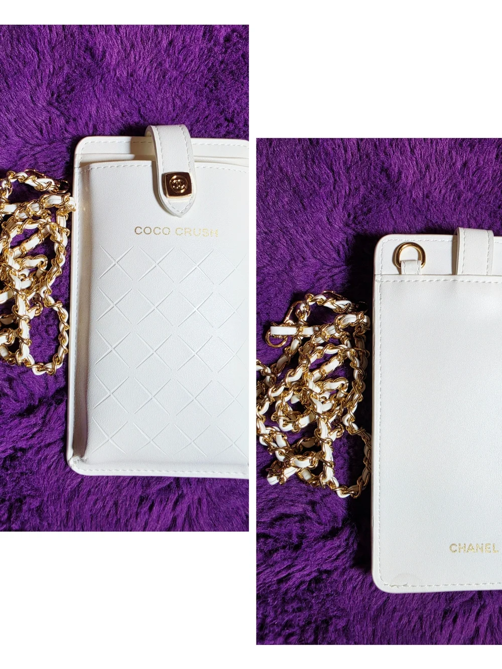 White Coco Crush Quilted Crossbody Phone Pouch with Gold Chain(GWP)