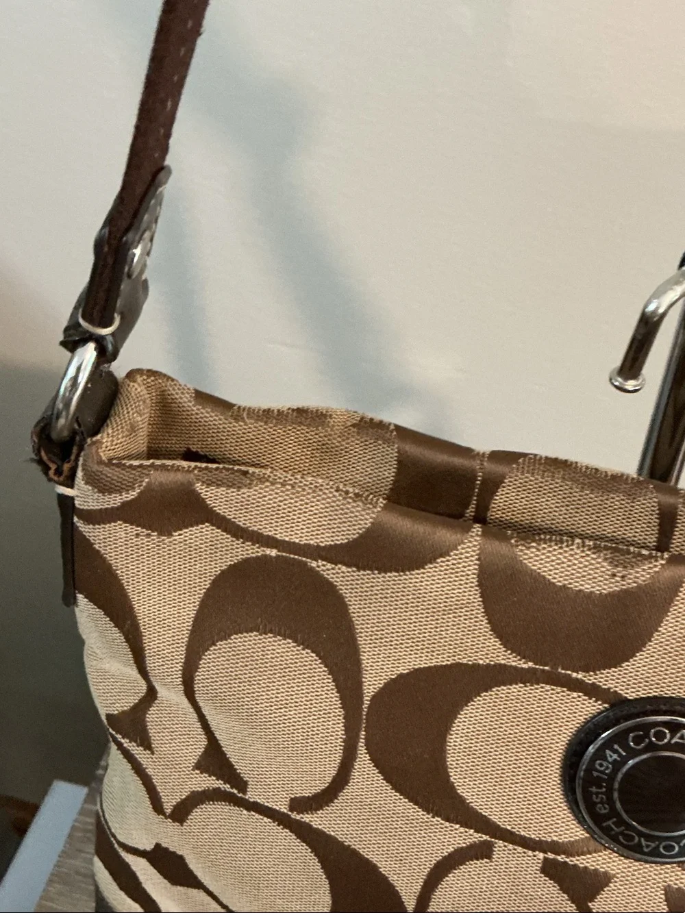 Coach Brown Signature Canvas Crossbody Bag with Dark Brown Trim