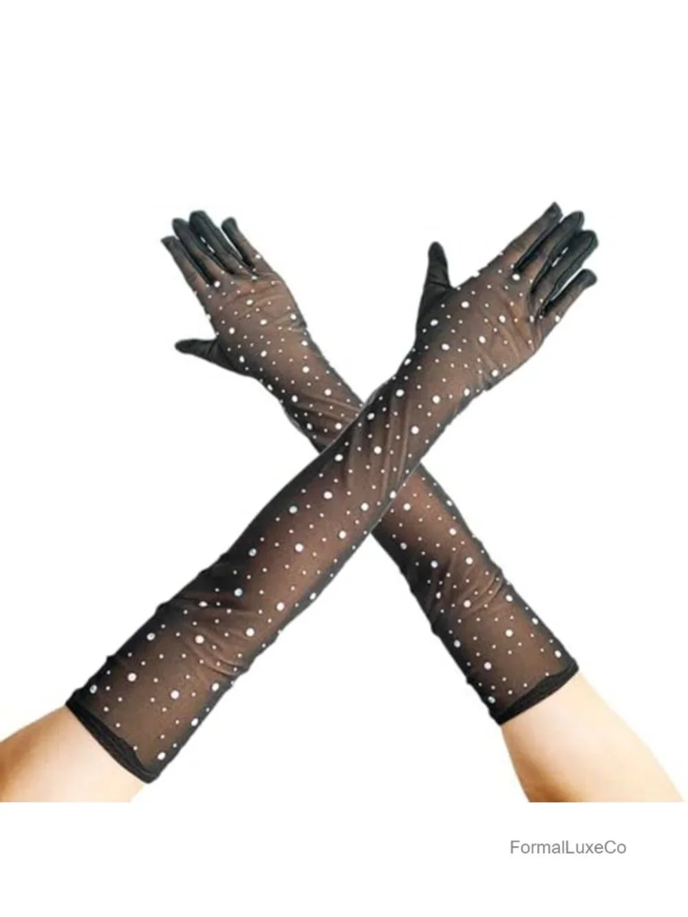 Elbow-Length Sheer Mesh Gloves with Rhinestones, 52cm Formal Gloves for Women