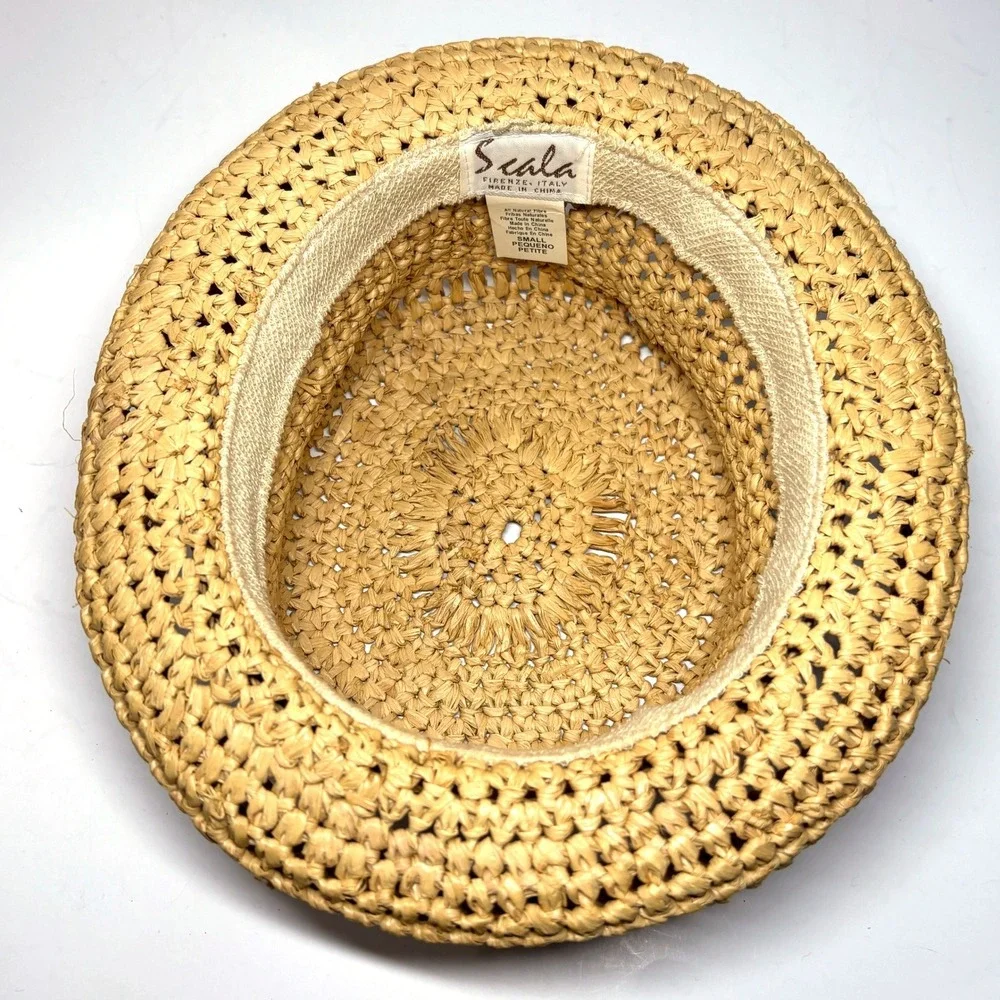 Scala Straw Cloche Sun Hat Womens Small Tan Natural Fiber‎ Hand Crochet Summer
