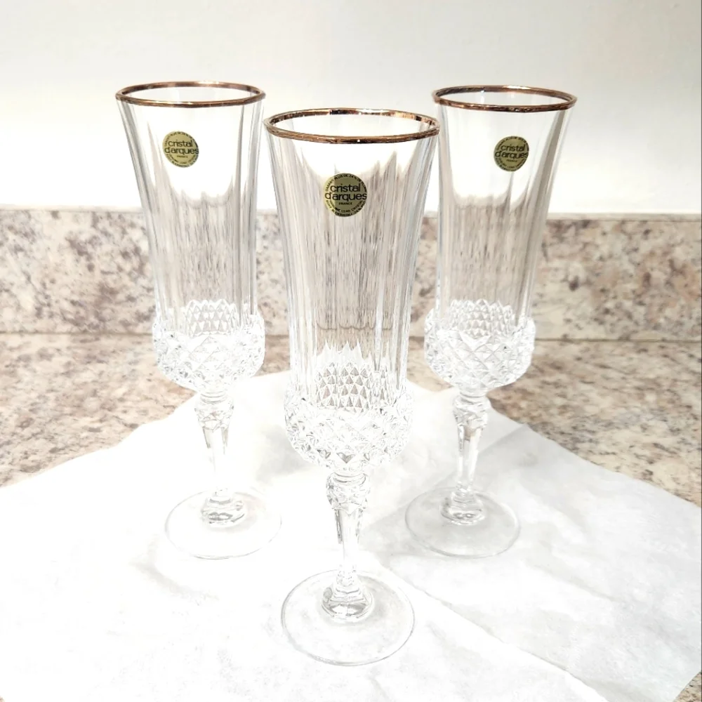 Cristal D'Arques Champagne Flutes with‎ Gold Rim set of 3