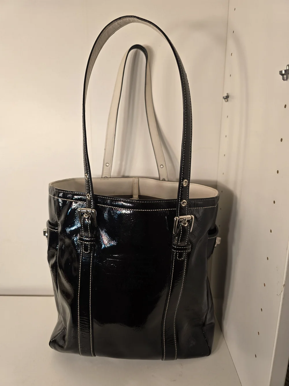 Coach Black Patent Leather Tote Bag with White Trim and Signature Lining