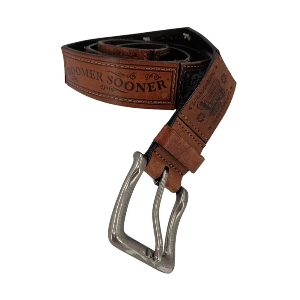 Fossil Oklahoma Sooners Womens L Brown Tooled‎ Leather Boomer Sooner Belt