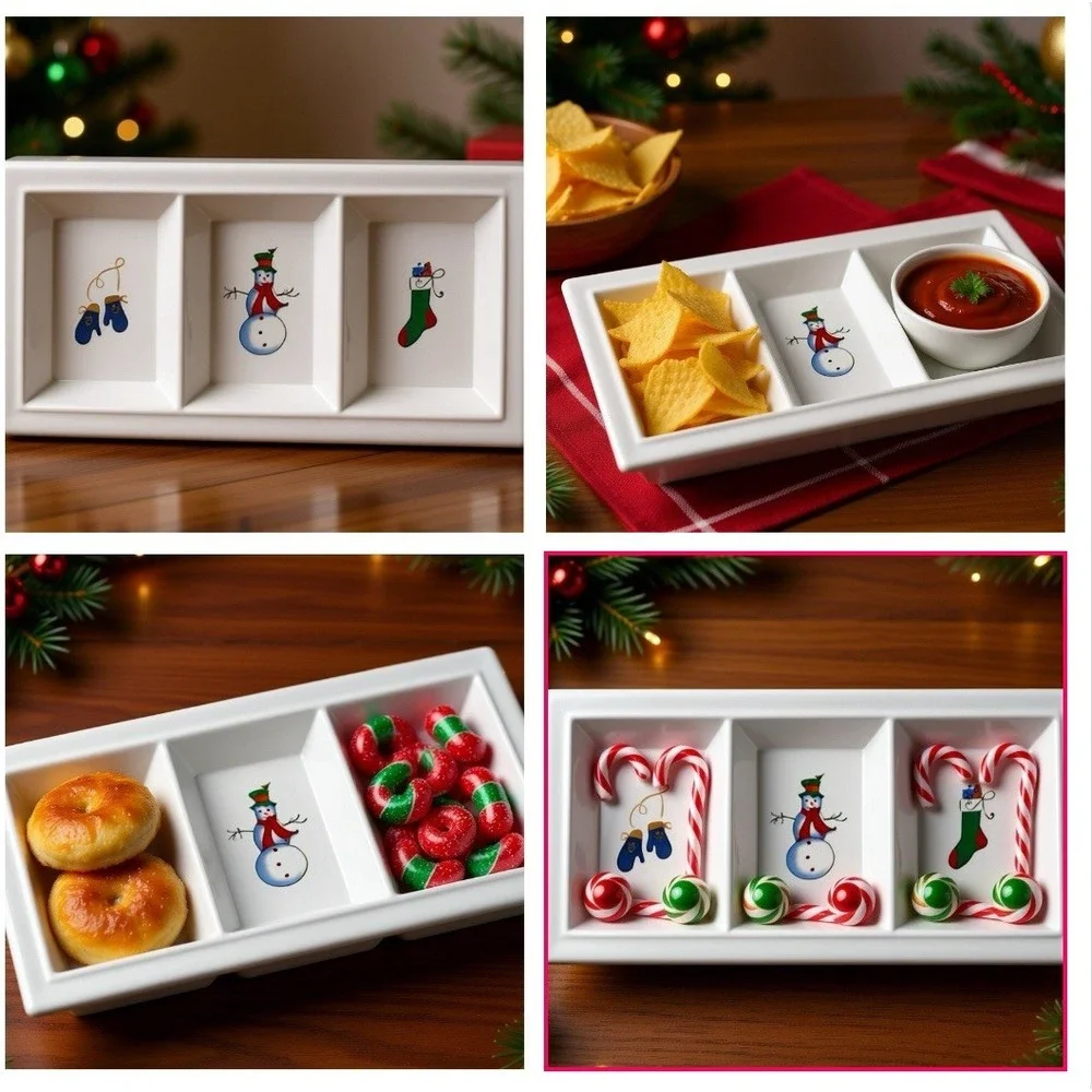 Holiday 3-Section Divided Serving Tray Platter‎ White Snowman Mittens Stocking