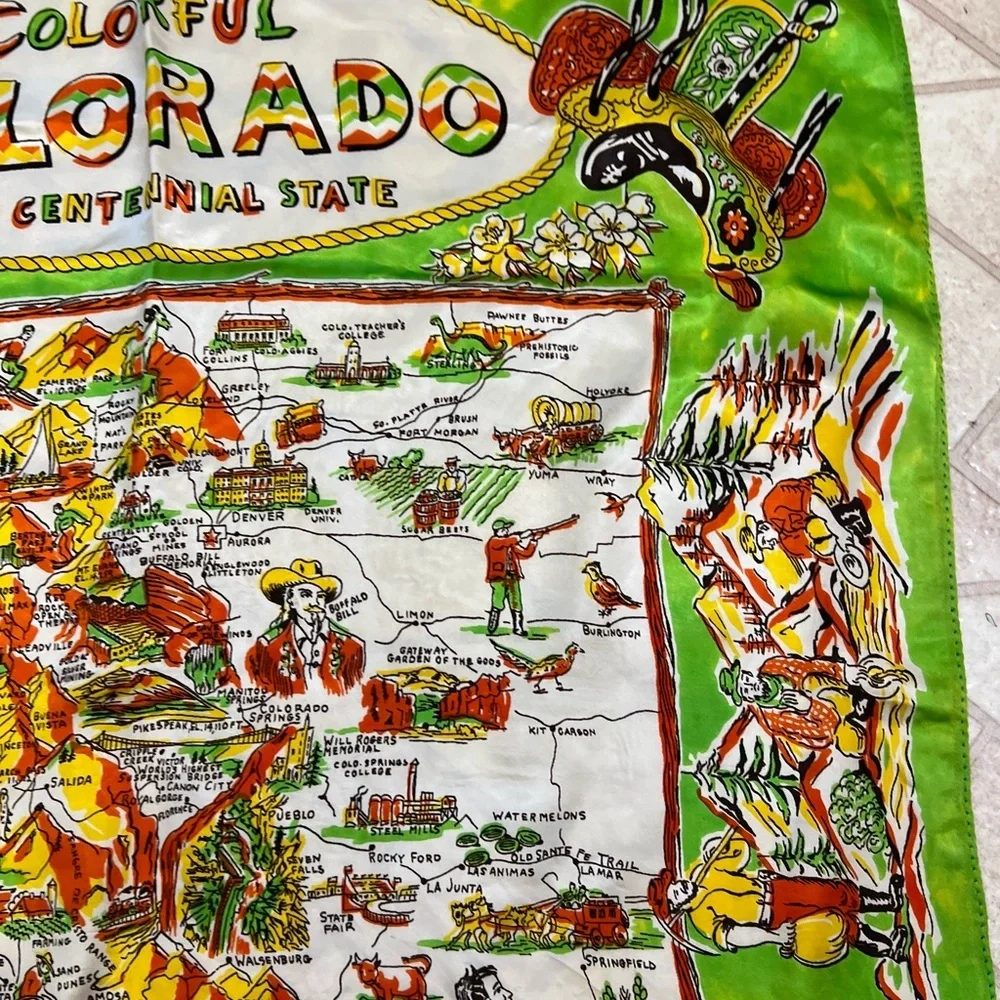 Vintage Colorful Colorado Centennial Souvenir Silk Scarf Picture Map Green