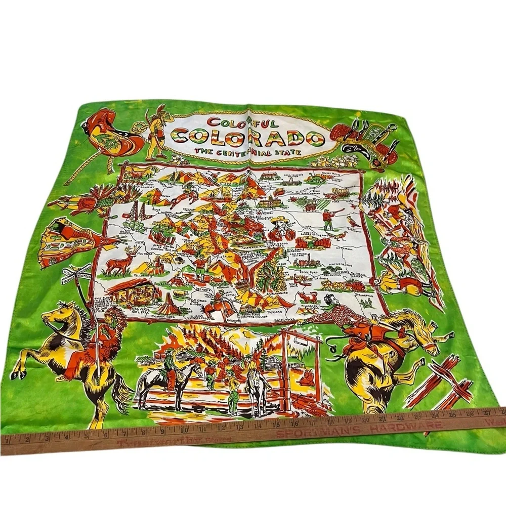 Vintage Colorful Colorado Centennial Souvenir Silk Scarf Picture Map Green