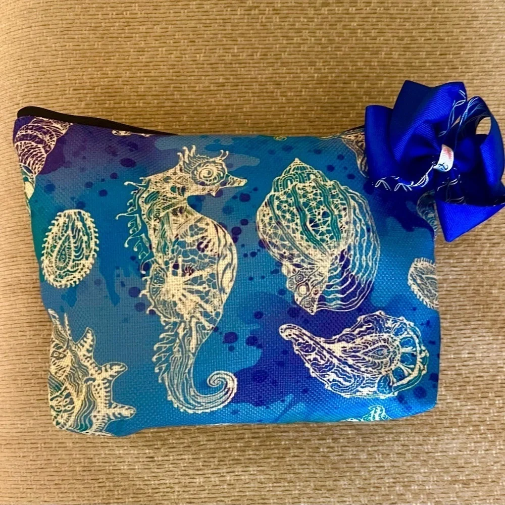 Victoria Leland Designs Blue Sea Life Print Pouch with Bow