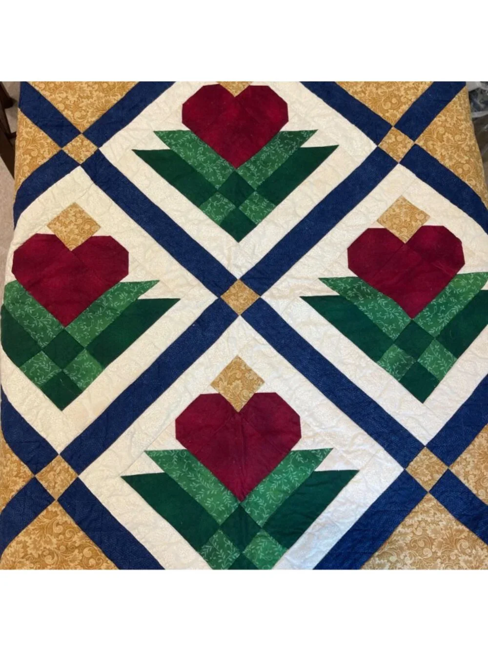 Handmade Quilted Heart Blossom‎ Hanging Tapestry Wall Quilt Folksy Country Style
