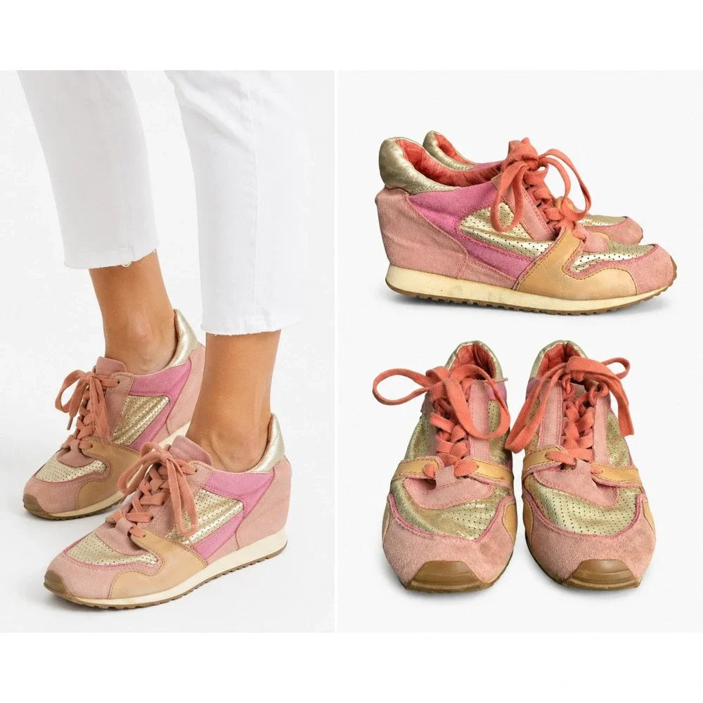 Ash Wedge Sneakers Womens 8.5 Pink Gold Dean Bis Leather Perforated‎ Hidden Heel