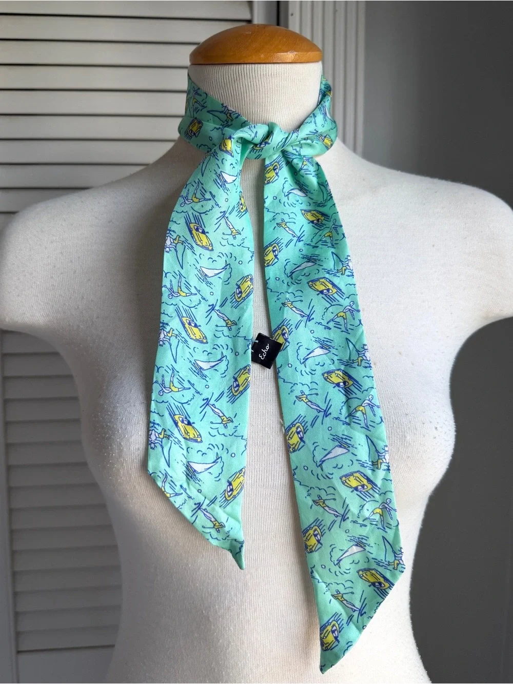 ⛳️ Echo Silk Preppy Aqua Teal Blue Ribbon Scarf Golf Convertible Car Sailboat