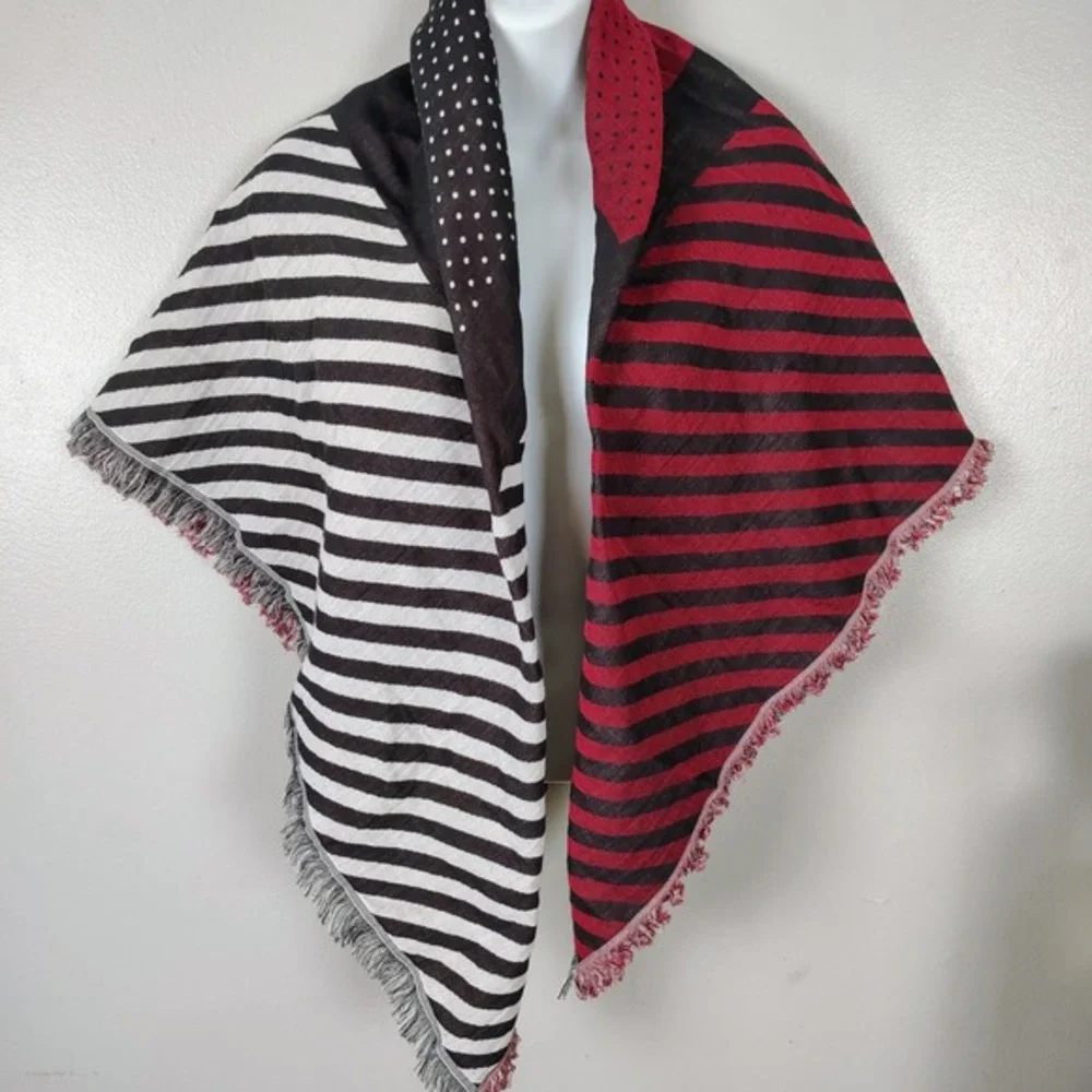 Rebecca Minkoff Red‎ Black Pink Striped Polka Dot Reversible Cotton Scarf Wrap