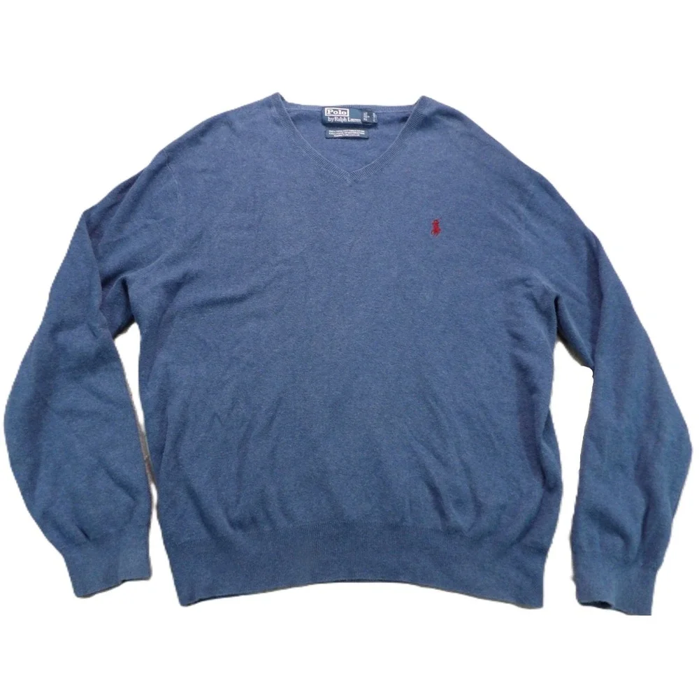 Polo by Ralph Lauren V Neck Sweater Men L Blue Pima Cotton Pony Classic Pullover