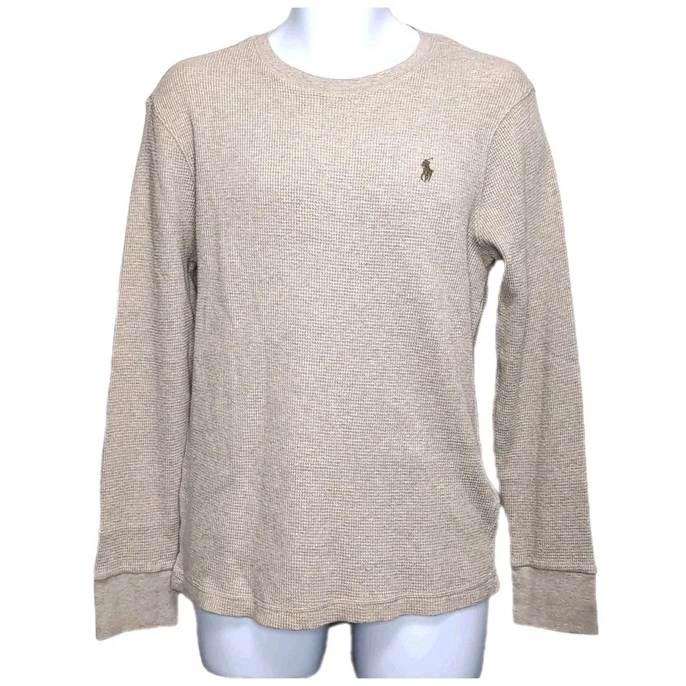 Polo‎ Ralph Lauren Thermal Waffle Knit Crew Neck Shirt Mens L Beige Long Sleeve