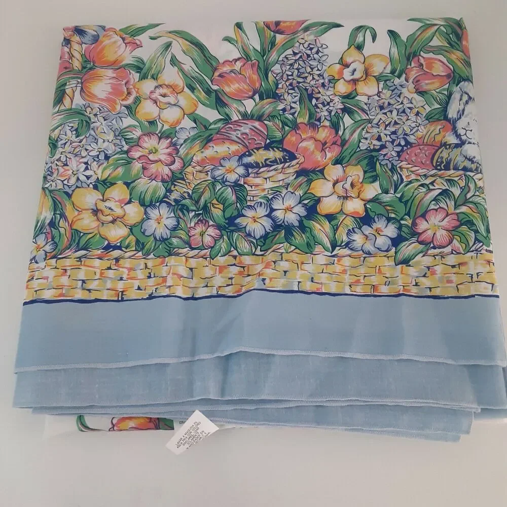 Easter Tablecloth Bunnies Baskets Chicks Eggs 51x52 Floral Cheerful