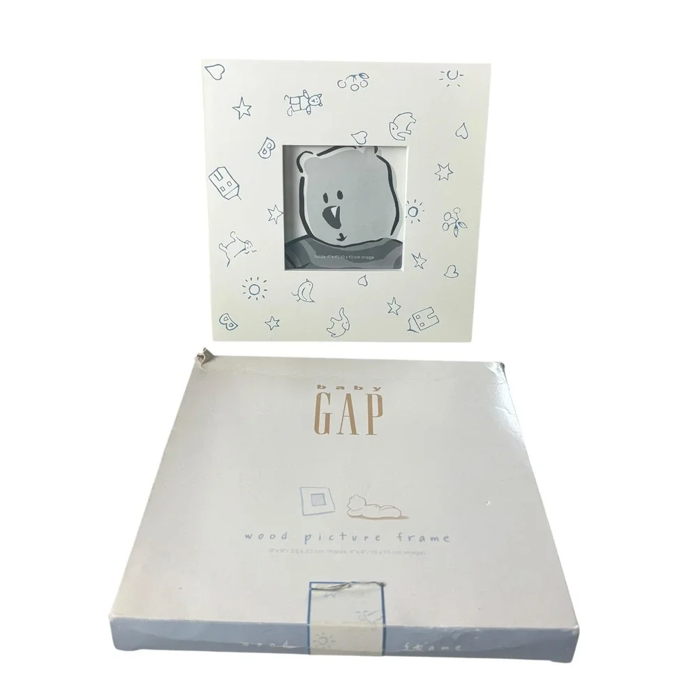 Baby GAP Wood Picture Frame Baby 4x4 White Blue Nursery Sketches‎ Bear Elephant