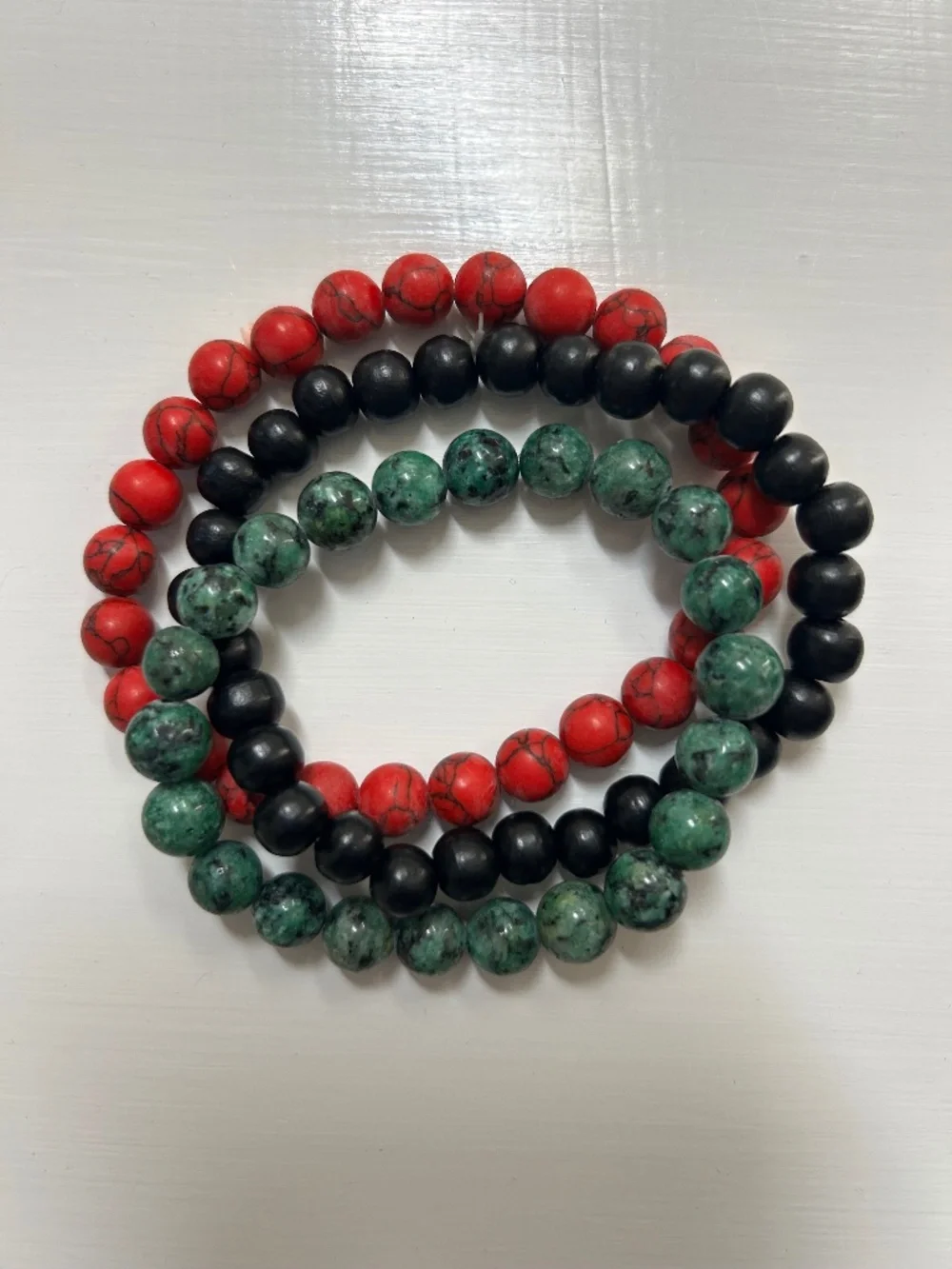 Beaded Stretch Bracelet Trio in Red, Black & Green