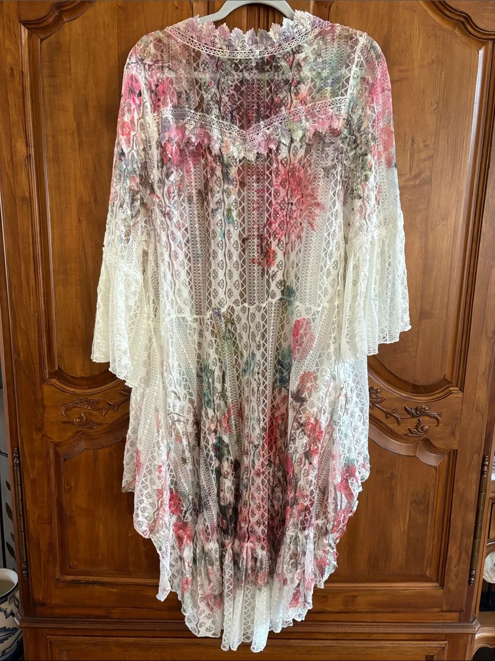 Origami Sheer Floral Lace Duster White with Pink & Green Accents