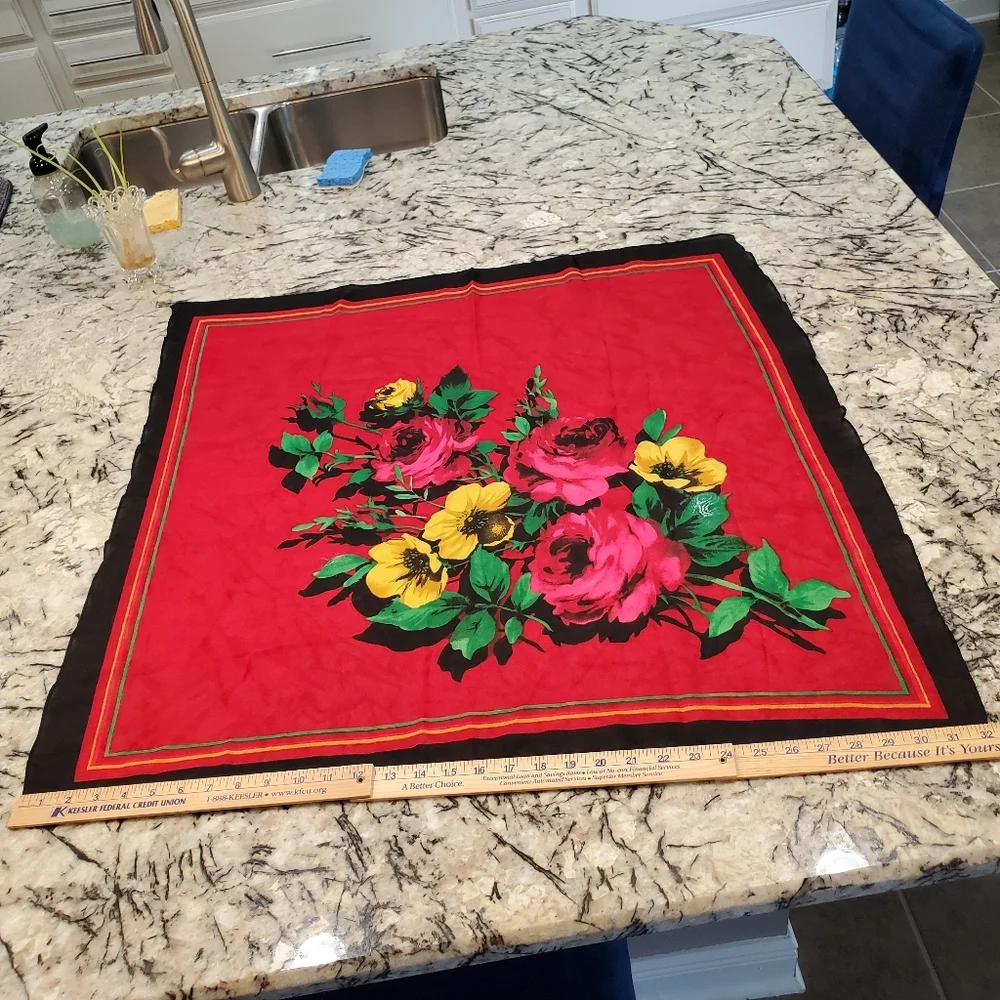 Spanish Flair Red Black Pink Yellow Floral Square Scarf 33