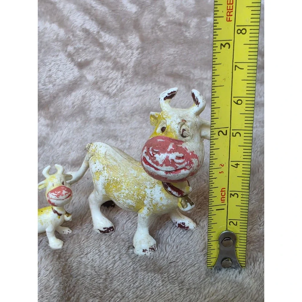 Vintage Cow and Calf Figurine Set Made in Hong Kong Yellow Red Kitsch Farmhouse