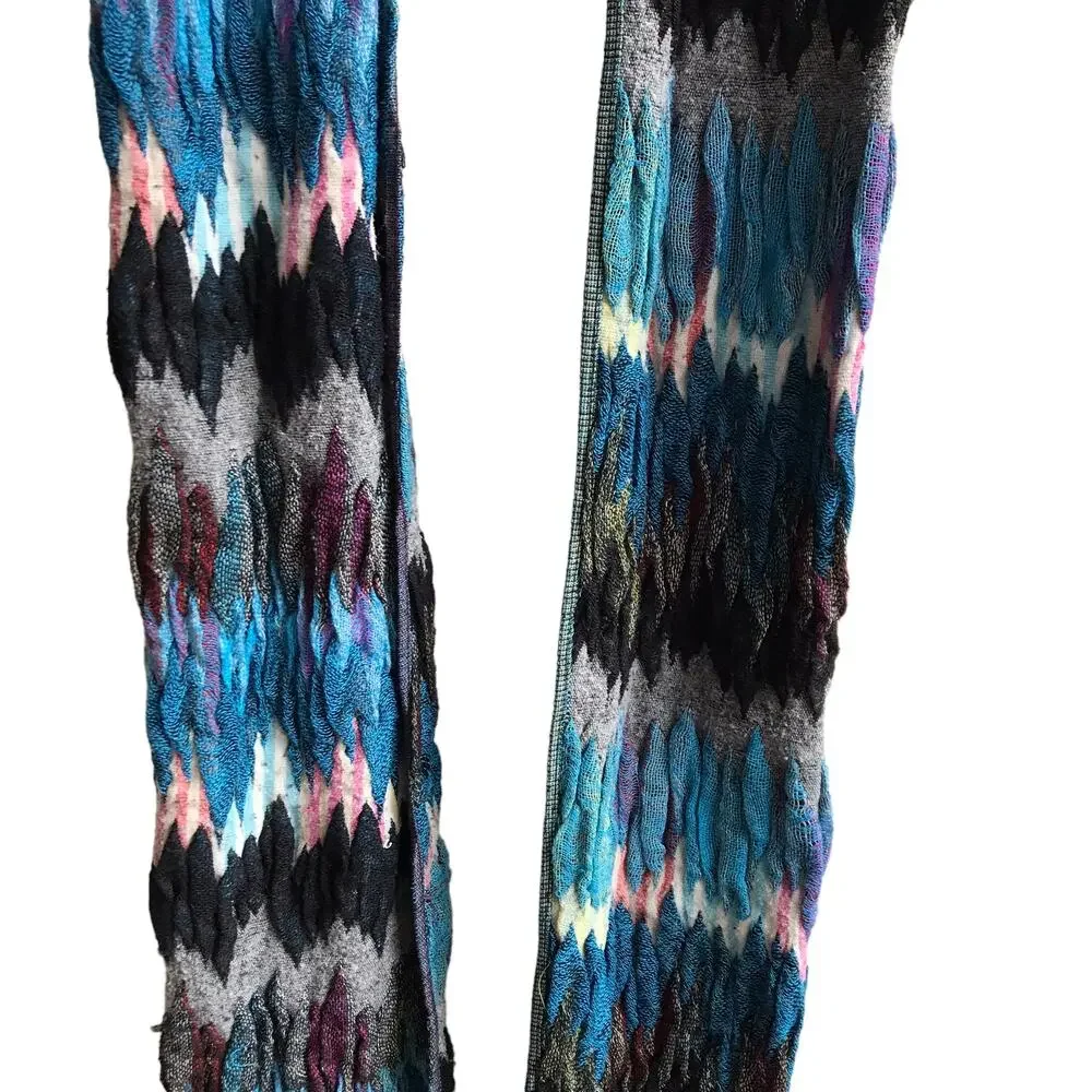 Blue Zig Zag Knit Scarf Fringed Marled Rectangular Wrap Warm Cozy Cabincore