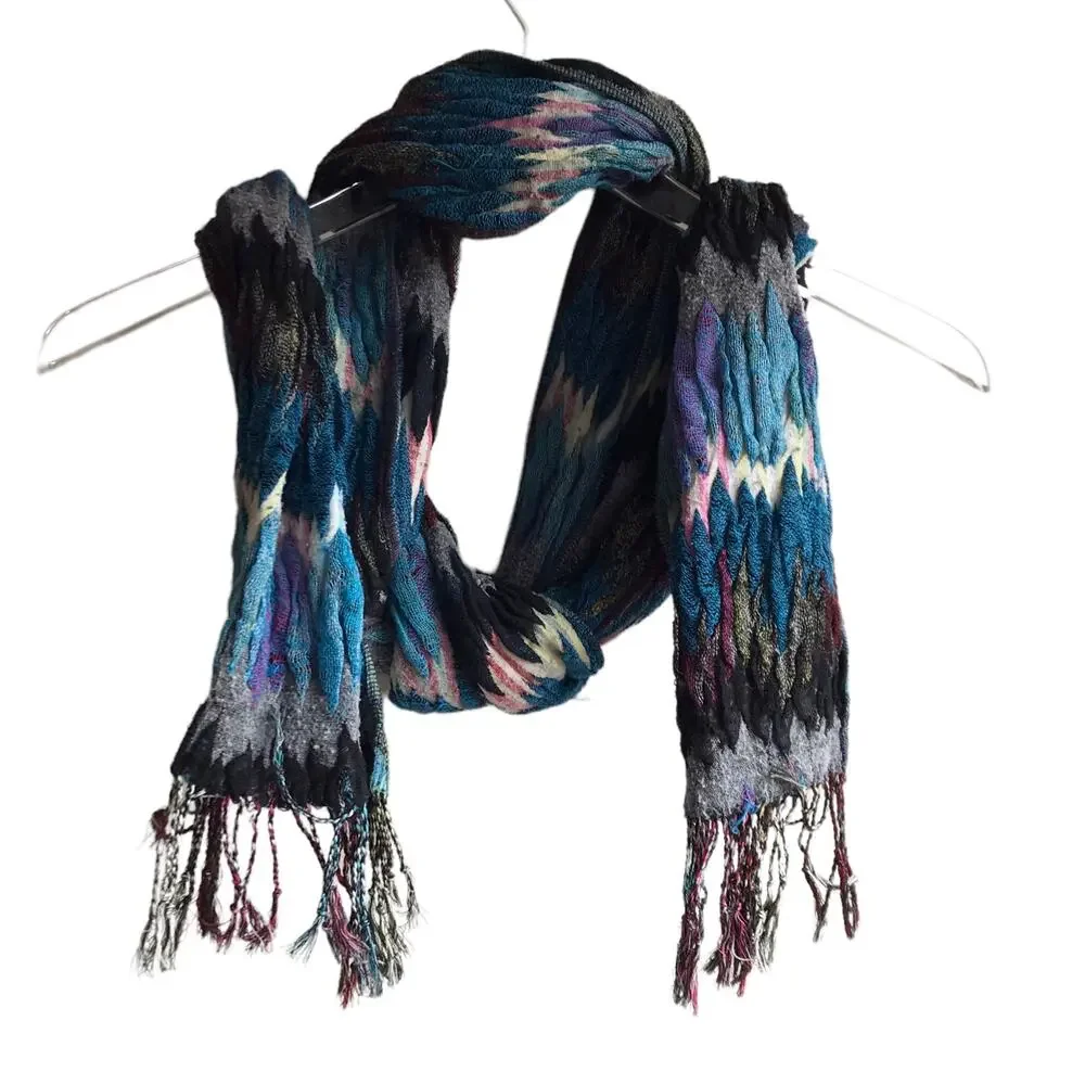 Blue Zig Zag Knit Scarf Fringed Marled Rectangular Wrap Warm Cozy Cabincore
