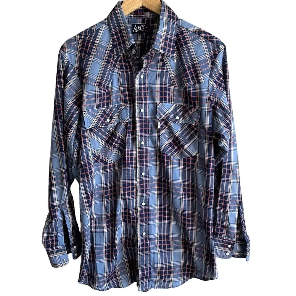 Levi's Vintage 80s Western Pearl Snap Plaid Shirt White tab L