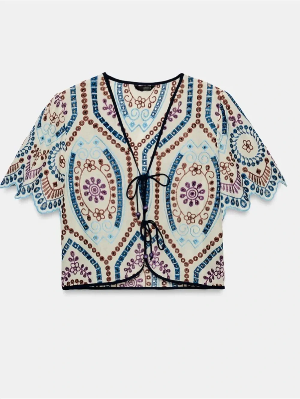 Zara Cream Top with Blue and Purple Paisley Ties