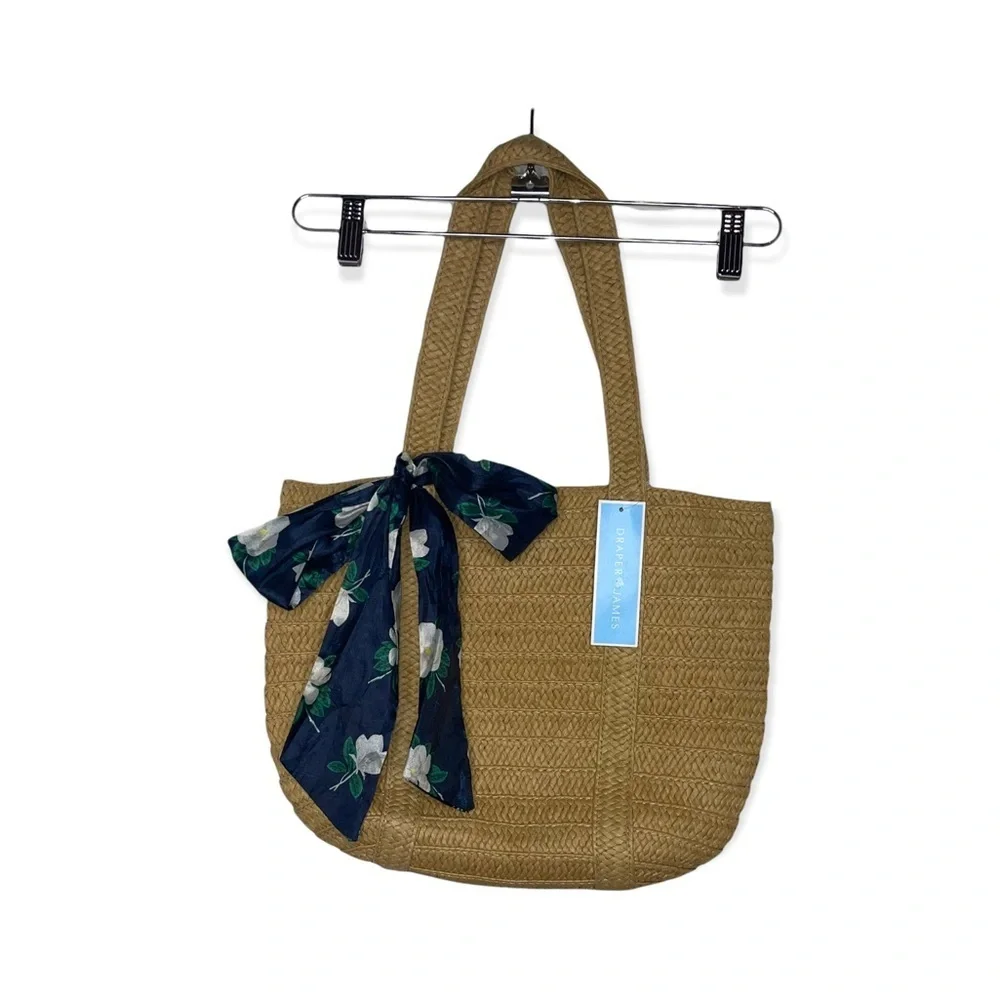 DRAPER JAMES Everyday Straw Bag with Floral Scarf Tie NWT