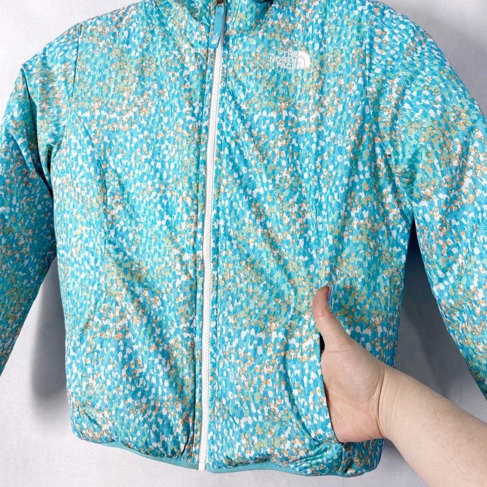 The North Face REVERSIBLE Puffer Jacket Girls Size Medium Blue Turquoise Orange