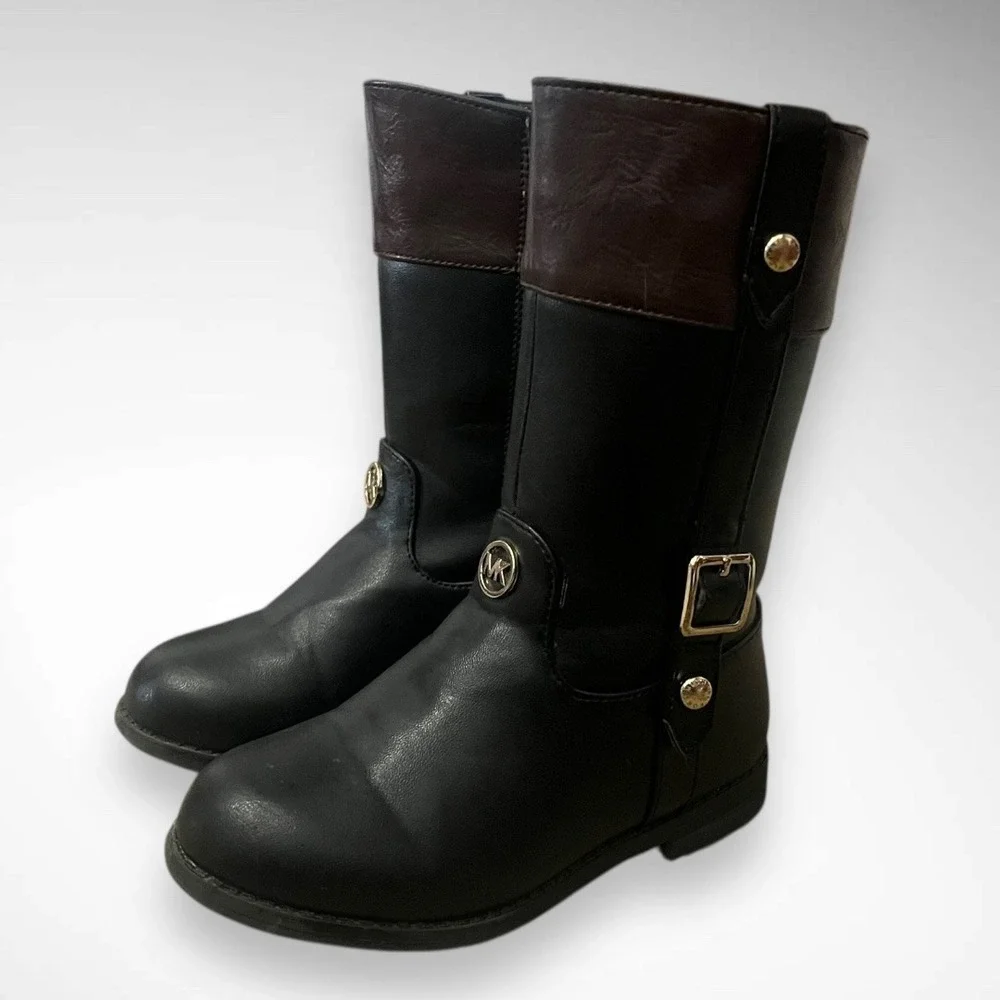 MICHAEL KORS Girl's Black and Brown‎ Flat Riding Boots Gold-Tone Hardware | EUC