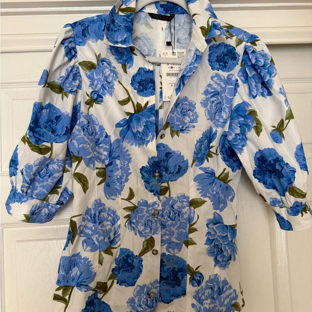 Zara White Blouse with Blue Floral Print