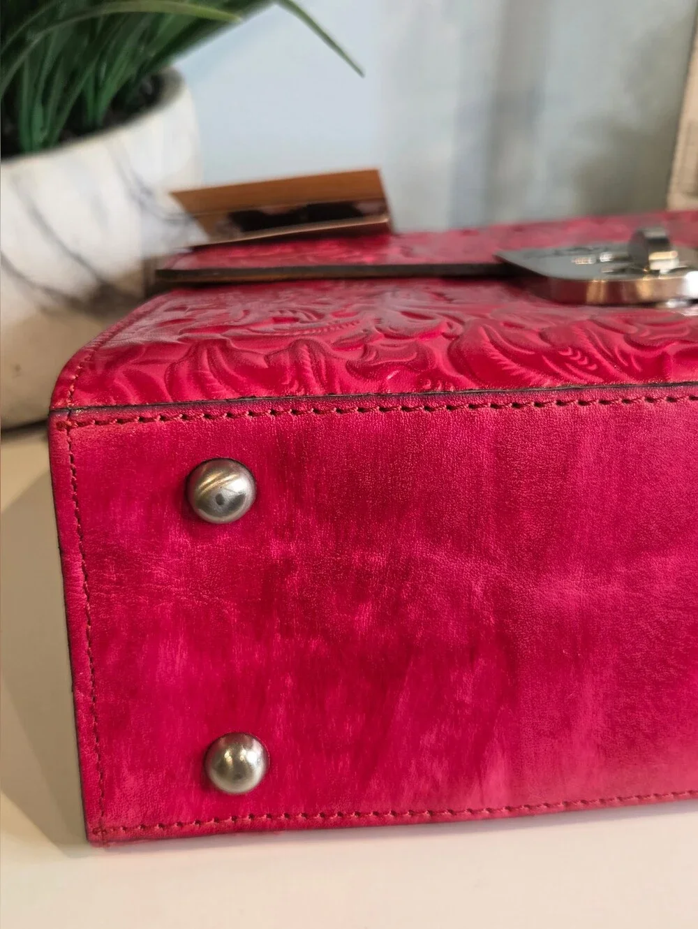 Patricia Nash Chauny Satchel in Magenta Tooled Leather